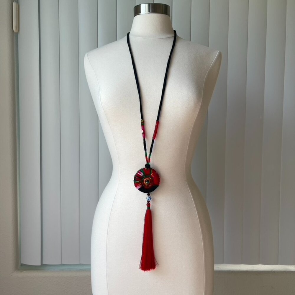 Art Boho Hand Crafted Red Green Tassel Necklace  New without tags. Hand Crafted.